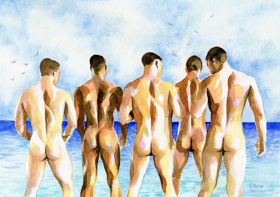 PRINT Original Art Work Watercolor Painting Gay Male Nude /"Beach party/"