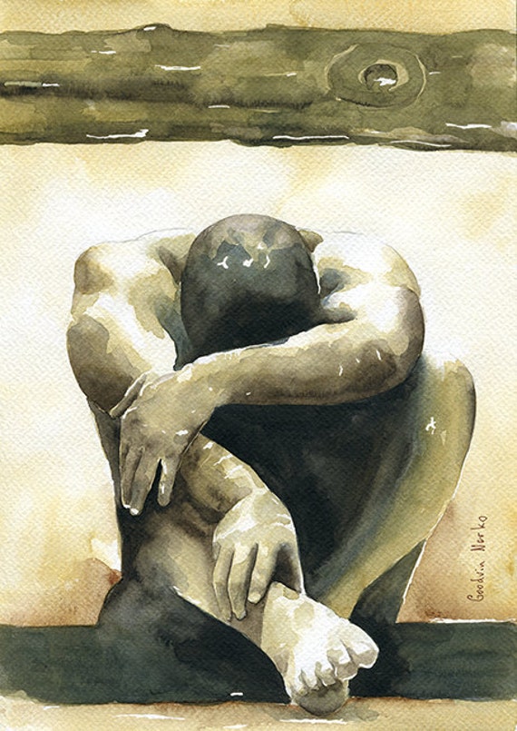 PRINT of Original Art Work Watercolor Painting Gay Male Nude /"Under water/"