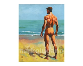 Original Hand painted Oil Painting on canvas Erotic Male Man Nude Gay