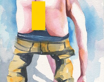 Original Hand painted Artwork Watercolor Painting Erotic Male Man Nude Gay