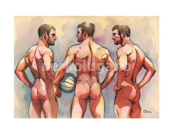 12x16" Original Hand painted Artwork Watercolor Painting Gay Man Male Nude A3