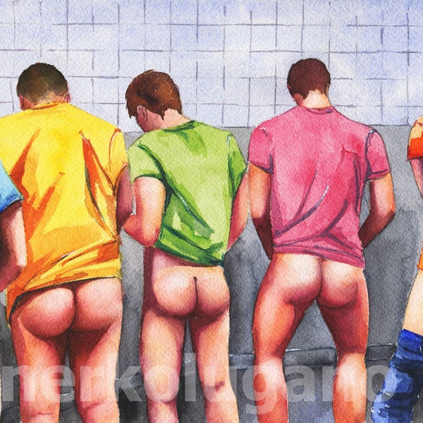 PRINT of Original Art Work Watercolor Painting Gay Interest Male Nude "Public toilet 31"