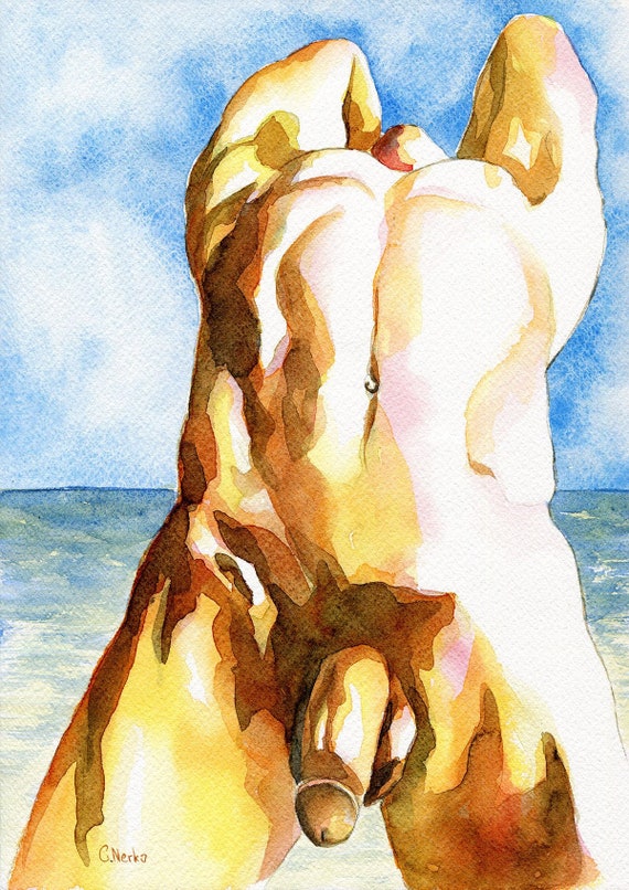 PRINT of Original Art Work Watercolor Painting Gay Male Nude /"Flower/"