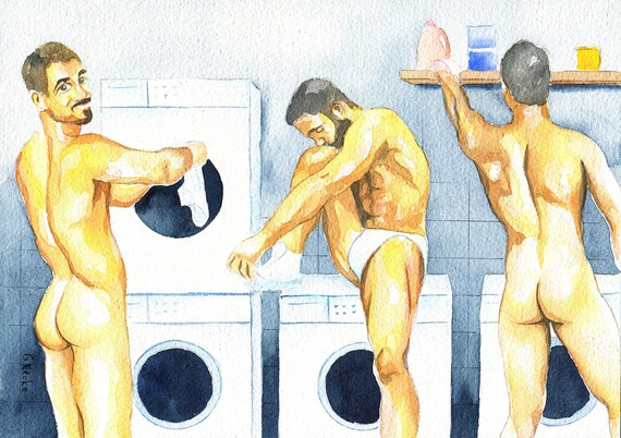 PRINT Original Art Work Watercolor Painting Gay Male Nude /"Beach party/"