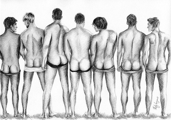 PRINT of Original Art Work Pencil Drawing Gay Male Nude /"Shaving/"