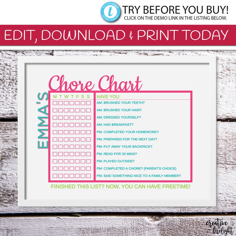 Editable Weekly Chore Chart