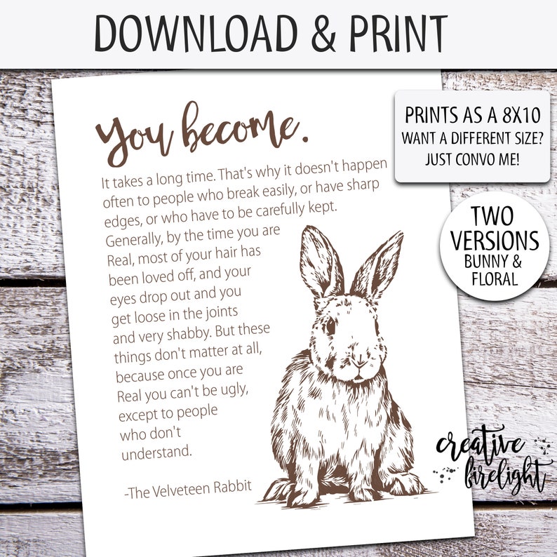 you become velveteen rabbit quote printable poster etsy