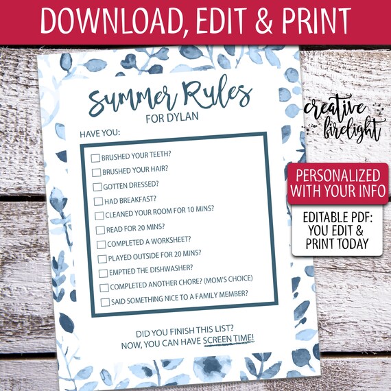 summer rules editable pdf printable screen time rules chore list summer chores floral watercolor version summer chores list