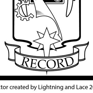 May include: Black and white illustration of a crest with a gear, a star, and a banner that reads "RECORD".