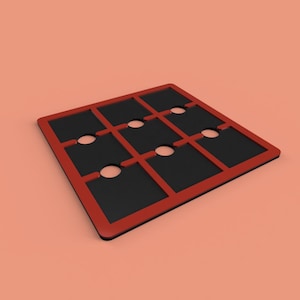 May include: A square, red-framed game board with nine black squares and circular cutouts. The board is set against a peach-colored background, creating a simple, geometric design.