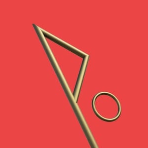 May include: Abstract golden geometric shapes against a red background. The design includes a triangle, a circle, and a vertical line, all in a metallic gold colour. The shapes are simple and modern.