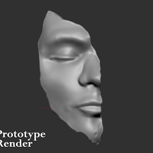 Peut inclure: Rendu 3D d'une sculpture de visage, les yeux fermés et la bouche légèrement ouverte. La sculpture est incomplète, seule la partie droite du visage est visible.