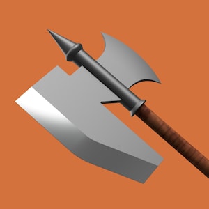 May include: A silver axe with a wooden handle. The axe has a pointed tip and a wide blade.