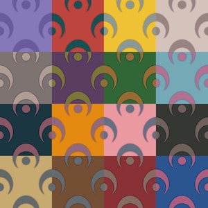 Puede incluir: Una ilustración digital de un patrón repetitivo de lunas crecientes con un círculo dentro de cada luna. El patrón se repite en 12 combinaciones de colores diferentes, incluyendo morado, rojo, amarillo, gris, verde, azul, marrón, naranja, rosa, negro, beige y azul oscuro.