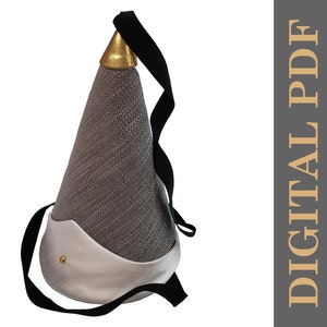 Peut inclure: Un sac conique gris et blanc avec une sangle noire. Le sac a un dessus doré et un fond en cuir blanc. Le sac est un téléchargement numérique.