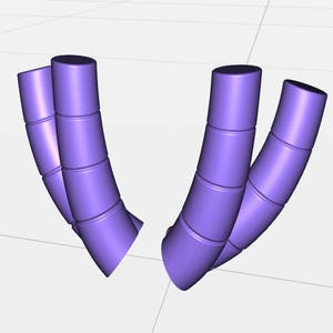 Puede incluir: Cuatro tubos cilíndricos de color púrpura están dispuestos en forma de curva, que se asemeja a la letra W. Los tubos son lisos y tienen un ligero brillo.