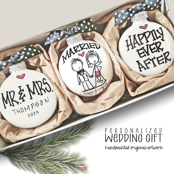 Personalized Wedding Gift Happily Ever After Ornament Set Mr Mrs Custom Names Newlywed Keepsake