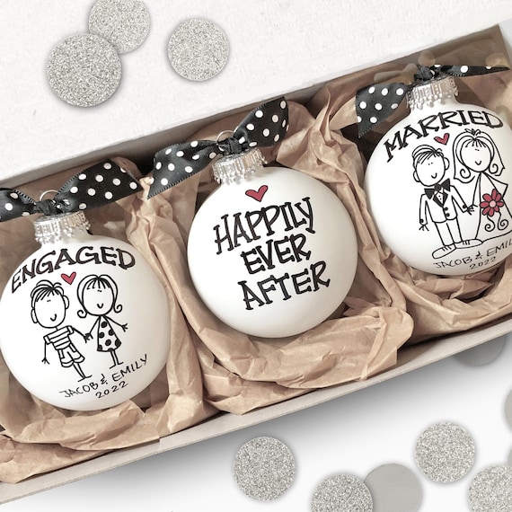 Personalized Engaged & Married Ornament Set Unique Couples Keepsake Gift for Wedding or Engagement, Hand Painted Custom Newlywed Gift