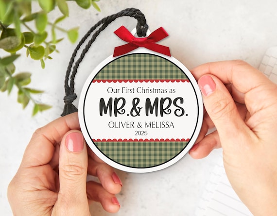 Mr & Mrs Christmas Ornament - First Christmas Together Keepsake Gift Personalized - Festive Green Red Design
