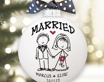Personalized First Christmas Married Ornament, Custom Wedding Gift for Couples, Hand Painted Newlywed Keepsake
