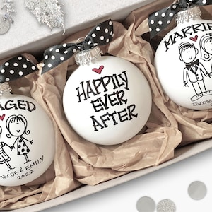 Personalized Engaged & Married Ornament Set Unique Couples Keepsake for Wedding or Engagement