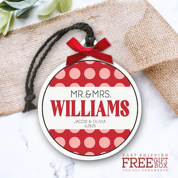 Custom Mr & Mrs Christmas Ornament - Handmade personalized Newlywed Keepsake Gift - Red Dot Design