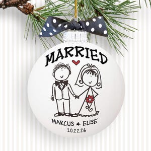 Hand Painted Glass Wedding Ornament, 1st Christmas Married Gift, Personalized Just Married Newlywed Keepsake