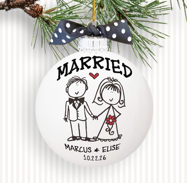 Hand Painted Glass Wedding Ornament, 1st Christmas Married Gift, Personalized Just Married Newlywed Keepsake