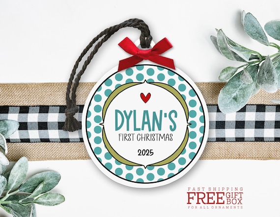 Baby’s First Christmas Ornament - Personalized Baby Boy Keepsake - Cute Baby Gift (Blue Polka Dots)
