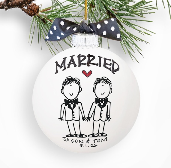 Gay Married Christmas Ornament, 2 Grooms Custom LGBTQ Wedding Keepsake, Same Sex Couple Gift