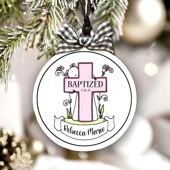 Personalized Baptism Cross Ornament, Baby Girl Christening Gift
