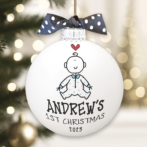 Personalized Baby Boy First Christmas Ornament, Hand-Painted Glass Bulb 1st Xmas Gift, Newborn Son or Grandson Keepsake, Custom Shower Gift