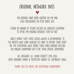 Text on a cream-colored background reads "ORIGINAL ARTWORK INFO:" followed by information about the artwork's origin, copyright, and a thank you message. The text is in a handwritten style.