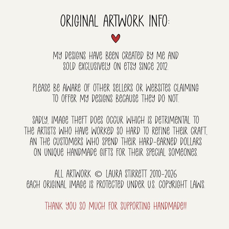 Text on a cream-colored background reads "ORIGINAL ARTWORK INFO:" followed by information about the artwork's origin, copyright, and a thank you message. The text is in a handwritten style.