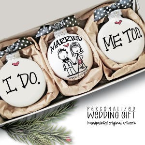 Couples Wedding Gift I Do Me Too Ornament Set Fun Newlywed Keepsake Handpainted Love Quote Gift