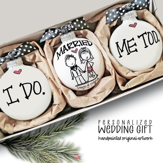 Couples Wedding Gift I Do Me Too Ornament Set Fun Newlywed Keepsake Handpainted Love Quote Gift