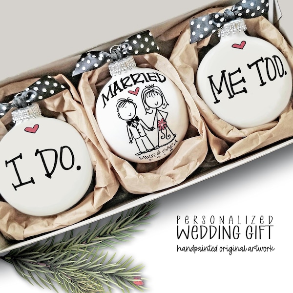 Couples Wedding Gift I Do Me Too Ornament Set Fun Newlywed Keepsake Handpainted Love Quote Gift
