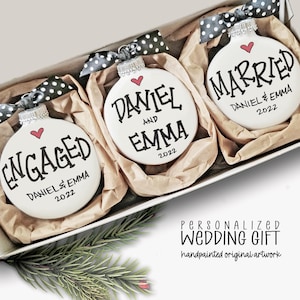 Personalized Engagement Gift, Custom Engaged & Married Ornament Set, Wedding Present for Couple, Newlywed Keepsake