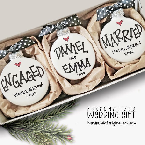 Personalized Engagement Gift, Custom Engaged & Married Ornament Set, Wedding Present for Couple, Newlywed Keepsake