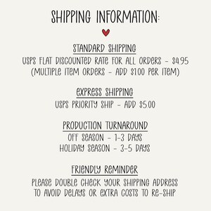 A cream-colored graphic with the words "SHIPPING INFORMATION" at the top, followed by details about standard and express shipping, production turnaround times, and a friendly reminder to double-check shipping addresses.