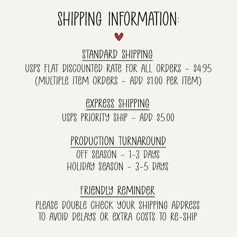 A cream-colored graphic with the words "SHIPPING INFORMATION" at the top, followed by details about standard and express shipping, production turnaround times, and a friendly reminder to double-check shipping addresses.