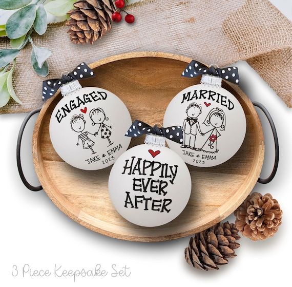 Personalized Wedding Gift for Couple: Engaged & Married Ornament Set Gift Hand Painted Custom Newlywed Gift