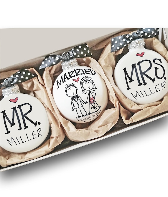 Hand Painted Glass Ornament Set, Personalized Wedding Gift for Couples, Custom Mr and Mrs Keepsake, First Year  Married Christmas Ornaments