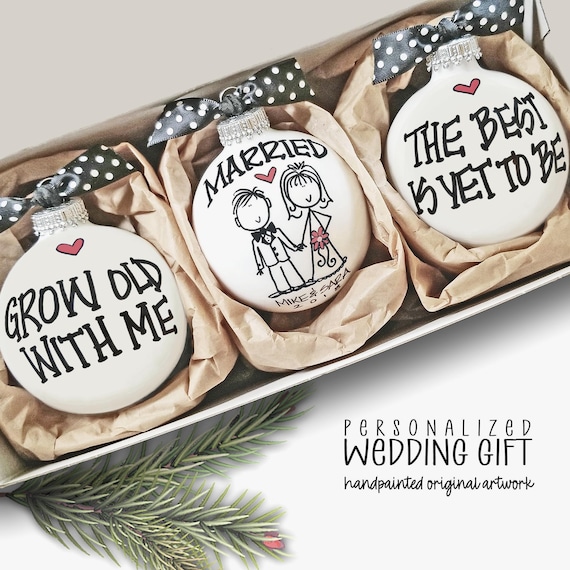 Personalized Wedding Gift for the Couple Married Ornament Set Love Quote Engagement Keepsake