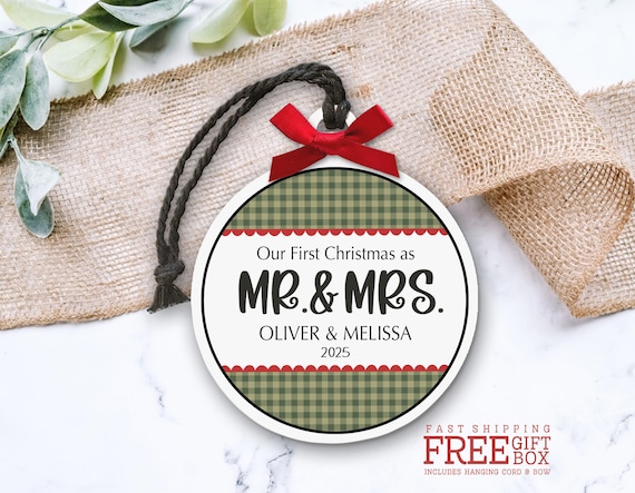 First Christmas Together Keepsake Ornament Personalized - Mr & Mrs Custom Christmas Gift - Festive Green Red Couples Ornament