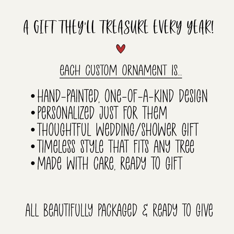 A cream-colored card with black handwritten text. The text reads "A GIFT THEY'LL TREASURE EVERY YEAR!" and lists features of a custom ornament, including hand-painted design and personalization.