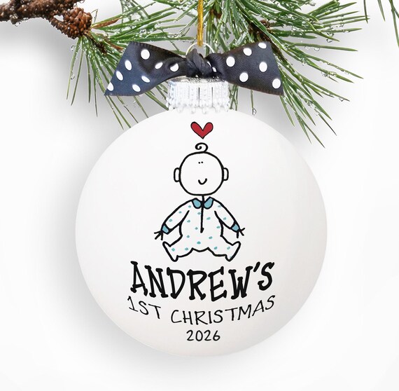 Personalized Baby Boy First Christmas Ornament New Baby Gift Hand-Painted Glass Keepsake Ornament