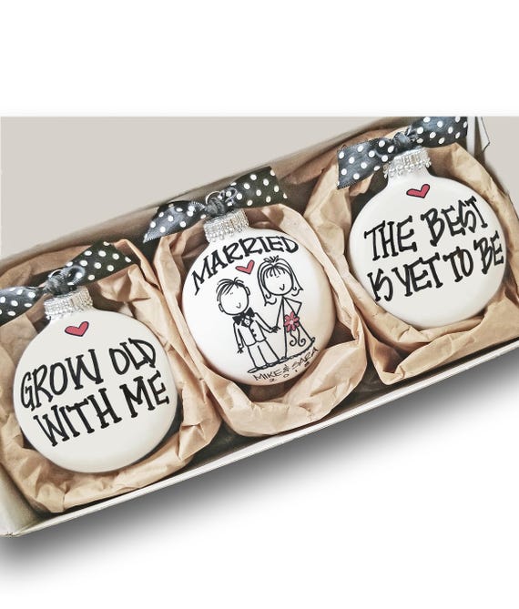 Hand Painted Custom Wedding Ornaments, Grow Old With Me Personalized Gift Set, First Year Married Keepsake