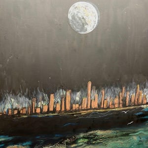 City by the sea/ Original art painting on canvas/modern wall art hanging/ moon rising/ contemporary art decor/ acrylic painting of the sea.