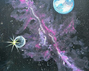 星雲の絵画、宇宙のアートワーク、星空の下で、オリジナルのアクリル画